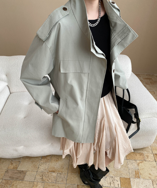 スタンドカラーレースアップルーズトレンチコート