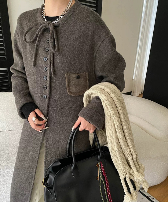 レースアップカラーミディ丈ウールコート