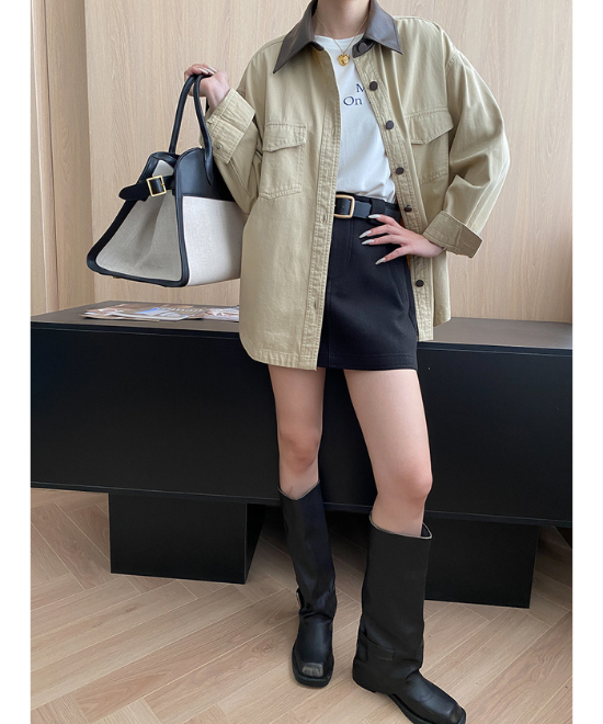 コントラストレザーカラーワークジャケット