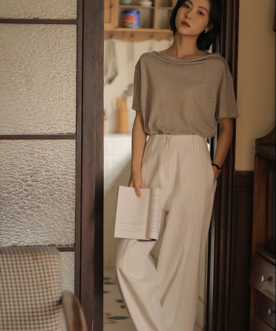 ハイウエストカジュアルワイドレッグパンツ