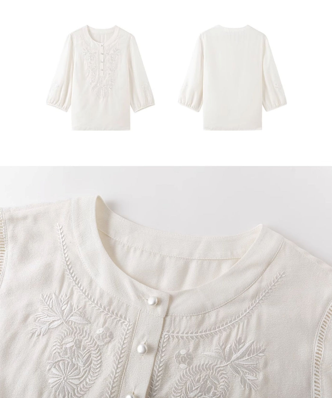 フラワー刺繍ノーカラーブラウス