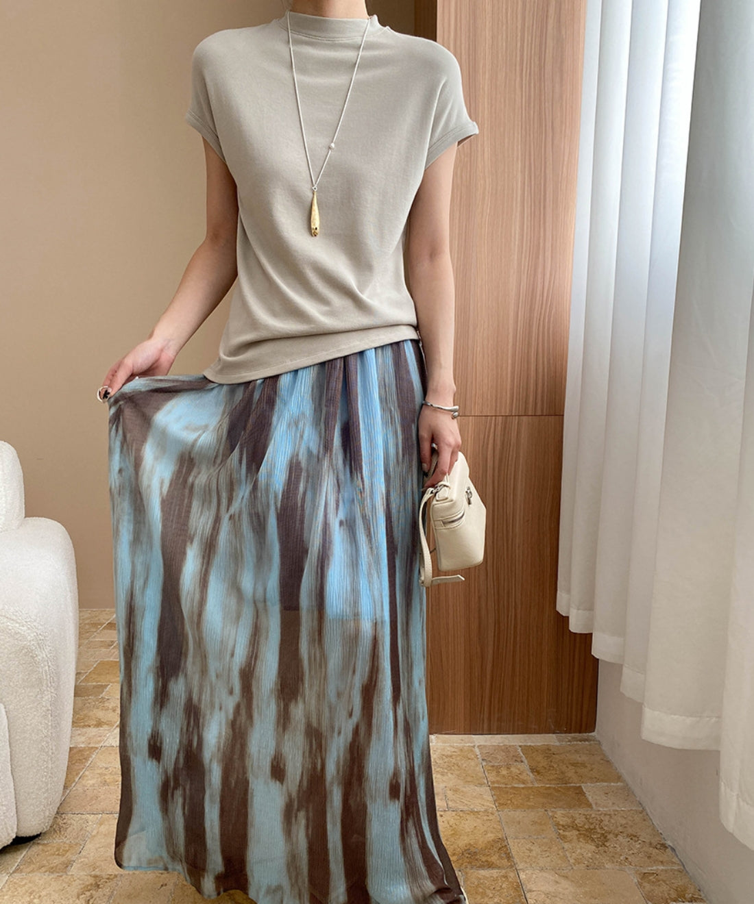 ハーフハイカラーフレンチスリーブニット