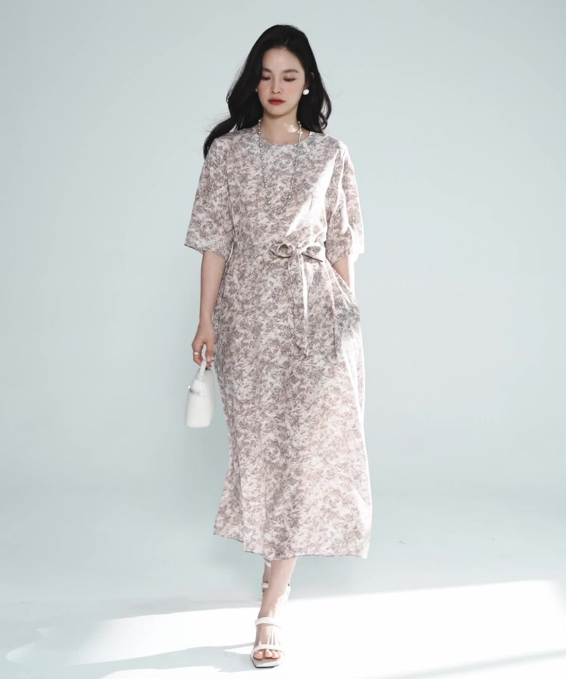 シックプリントリボンワンピース