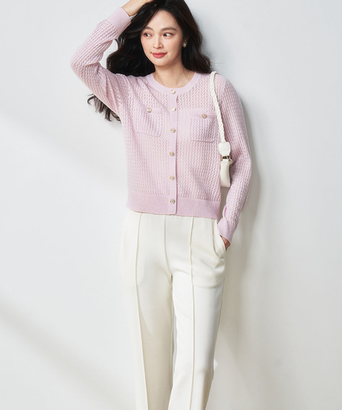 透かし編みポケットカーディガン