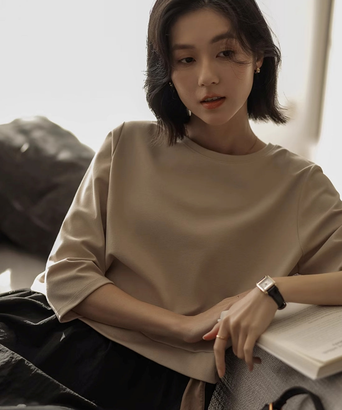 5分袖コントラストフェイクツーピースワンピース