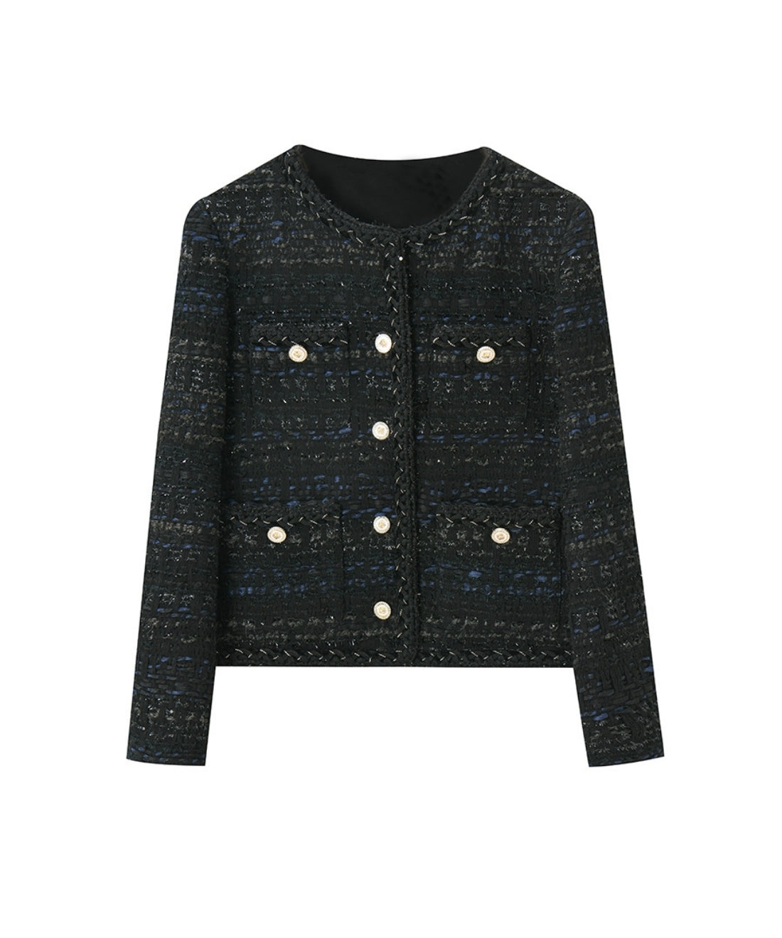 ブラックシャイニーツイードノーカラージャケット