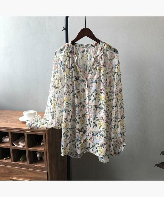 シャツ ブラウス 花柄 Vネック 薄手 大人 大人きれい YANSOO
