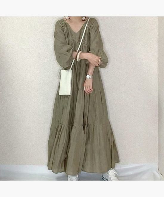 Vネックティアードロングワンピース