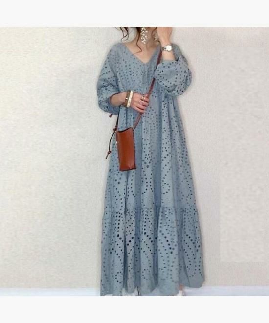 Vネック ワンピース 総レース 長袖 ルーズ レディース ドレス