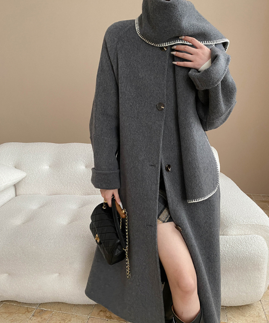 コントラスト刺繍ストールセットウールロングコート