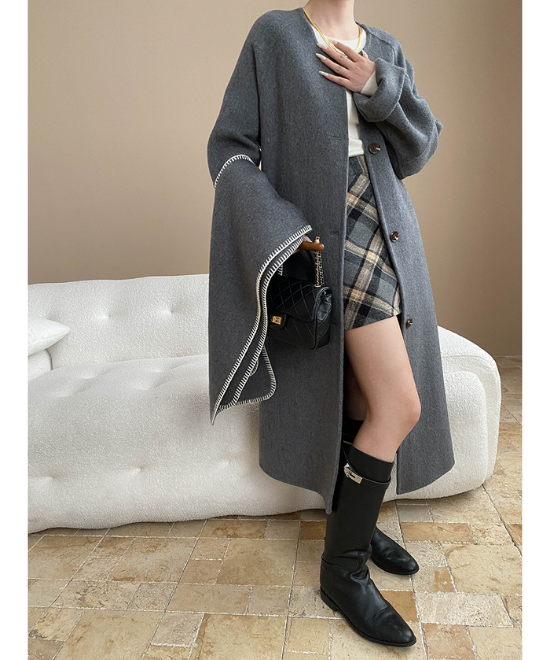 コントラスト刺繍ストールセットウールロングコート