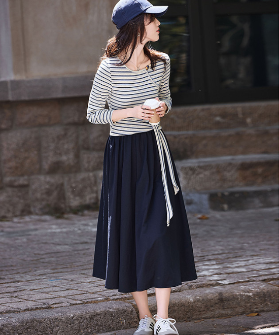 ボーダードッキングフレアワンピース