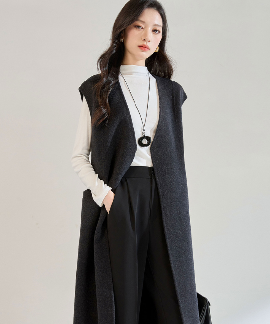 カシミヤウールテンセルVネックロングベスト