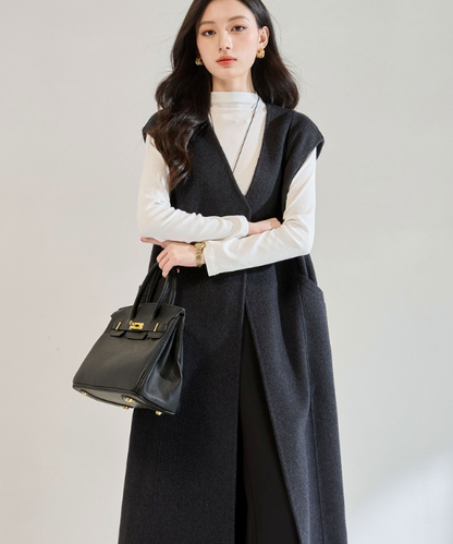 カシミヤウールテンセルVネックロングベスト