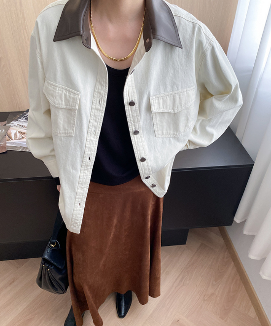 コントラストレザーカラーワークジャケット