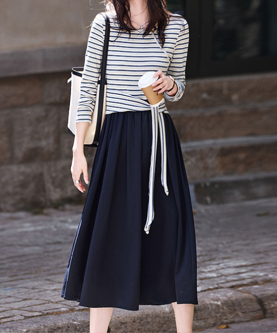 ボーダードッキングフレアワンピース