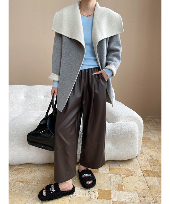 ハイウエストドロストワイドレザーパンツ