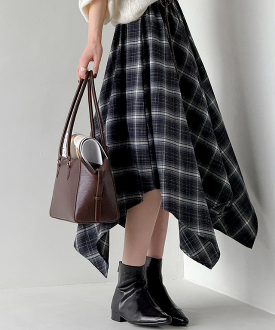 チェック柄フィッシュテールハイウエストスカート