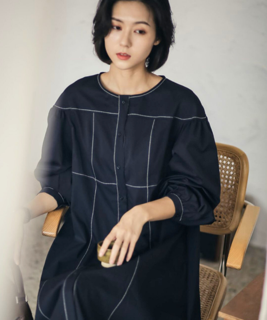 ランタンスリーブステッチワンピース