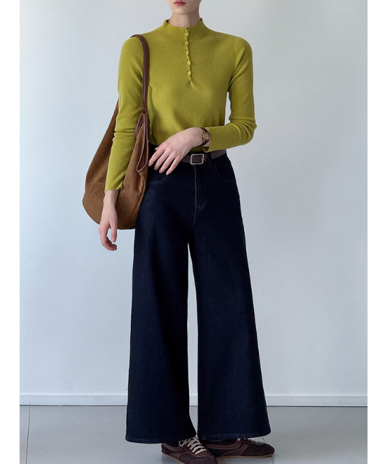 セミタートルボタンネックウールニット