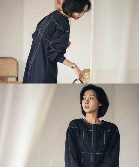 ランタンスリーブステッチワンピース