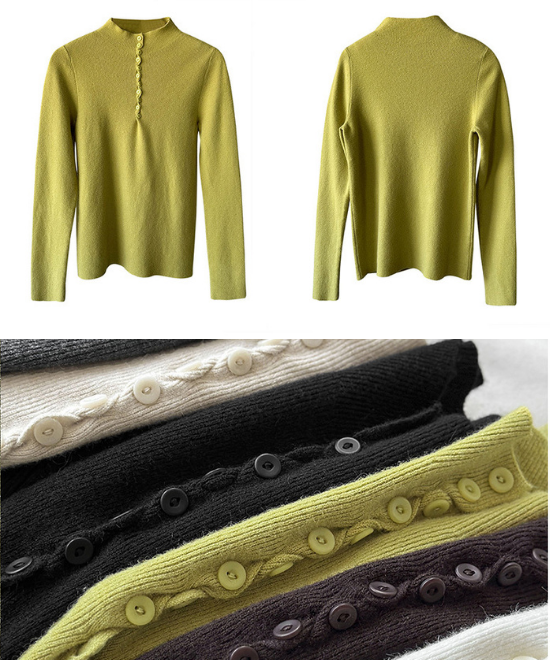 セミタートルボタンネックウールニット