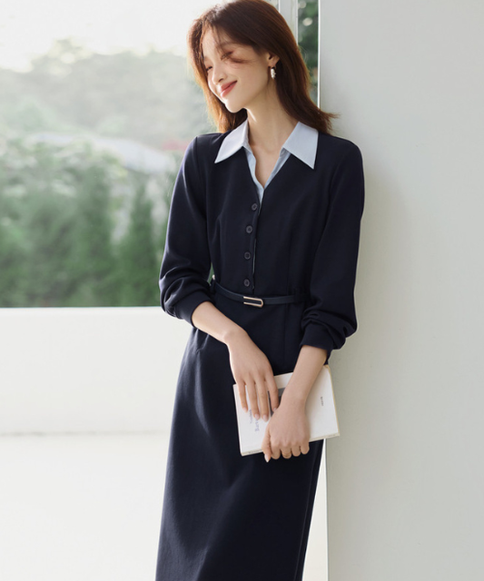 フェイクツーピースネイビーシャツワンピース