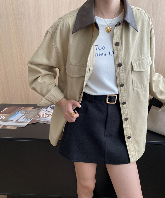 コントラストレザーカラーワークジャケット