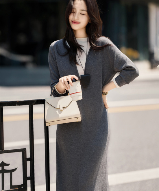 コントラストカラーフェイクツーピースニットワンピース