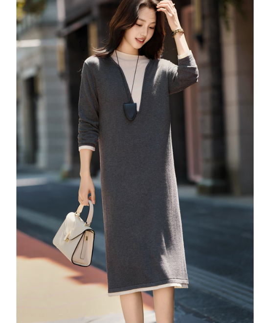 コントラストカラーフェイクツーピースニットワンピース