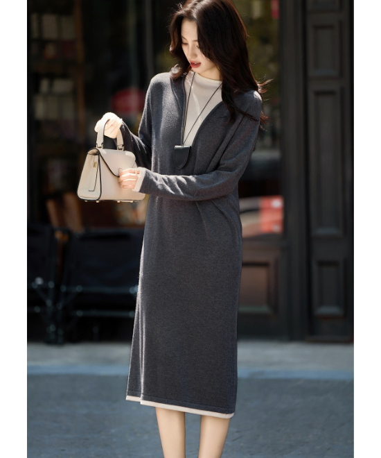 コントラストカラーフェイクツーピースニットワンピース