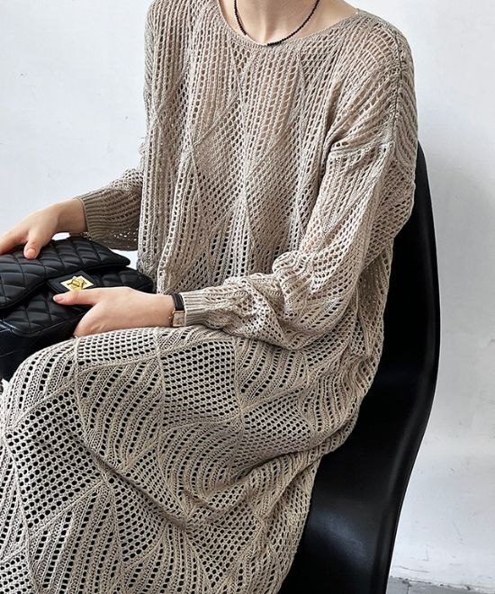 ロングニット編みセーター 膝丈 長袖 透け感 カジュアル LUXI