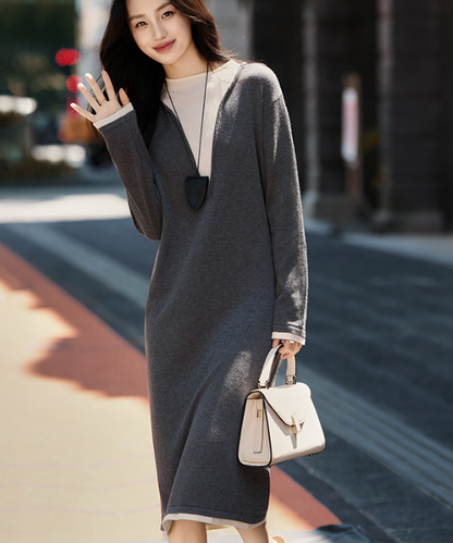 コントラストカラーフェイクツーピースニットワンピース