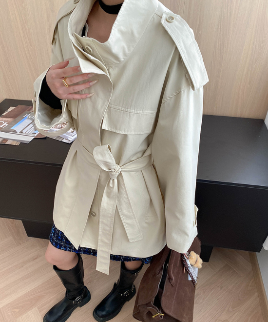 スタンドカラーレースアップルーズトレンチコート