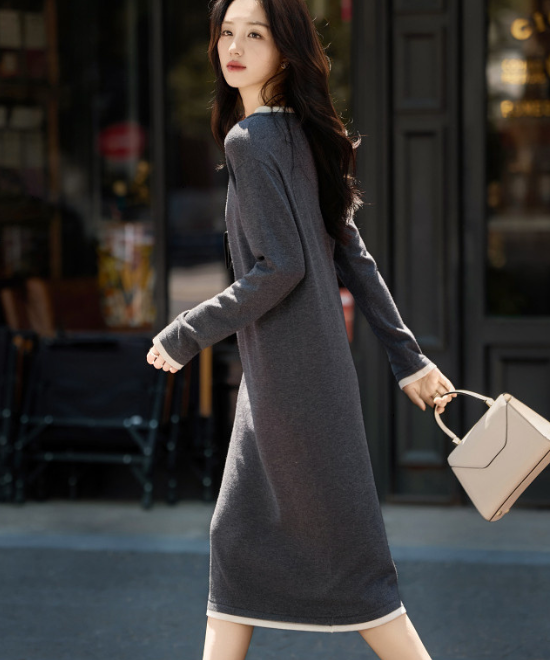 コントラストカラーフェイクツーピースニットワンピース