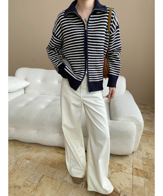 ダブルジッパーボーダーニットカーディガン