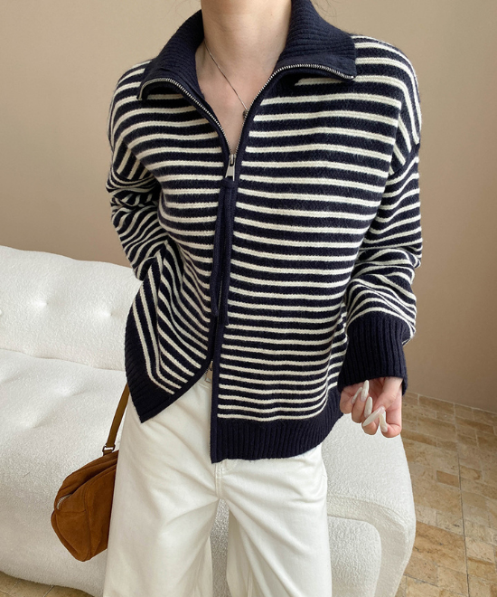 ダブルジッパーボーダーニットカーディガン