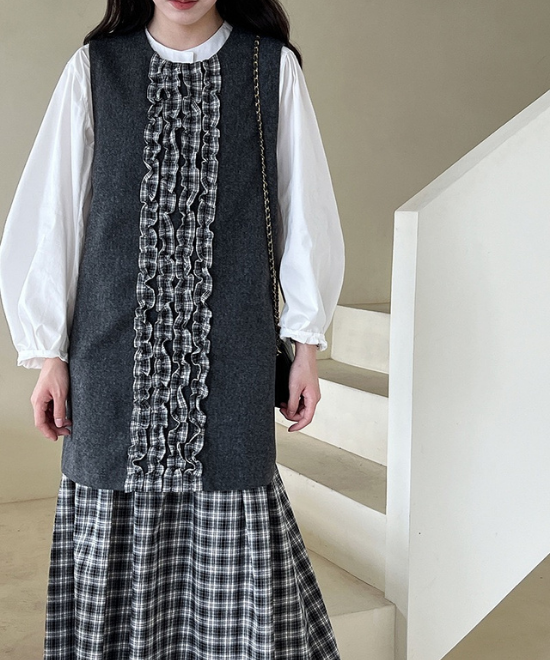 チェック柄フリルベストワンピース