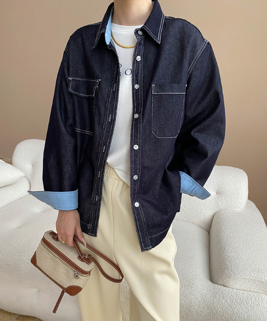 ステッチデザインコントラストラペルデニムジャケット