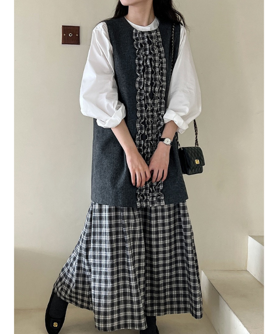 チェック柄フリルベストワンピース