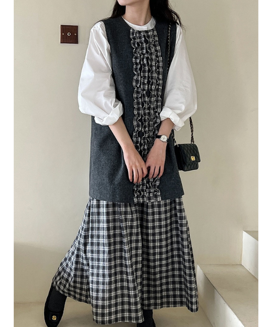 チェック柄フリルベストワンピース