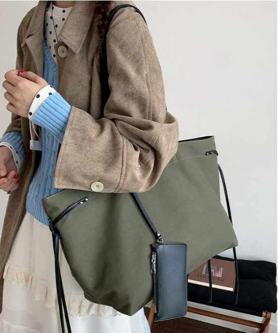 大容量レザーリボンコントラストキャンバストートバッグ
