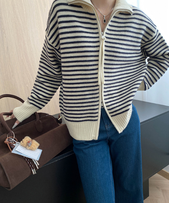 ダブルジッパーボーダーニットカーディガン