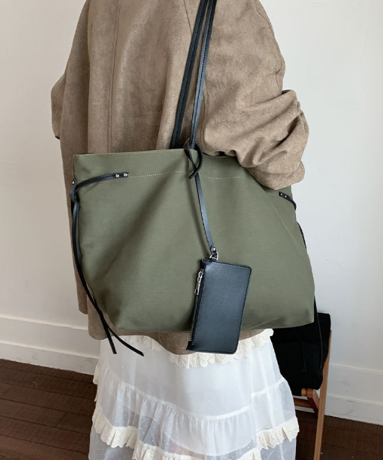 大容量レザーリボンコントラストキャンバストートバッグ