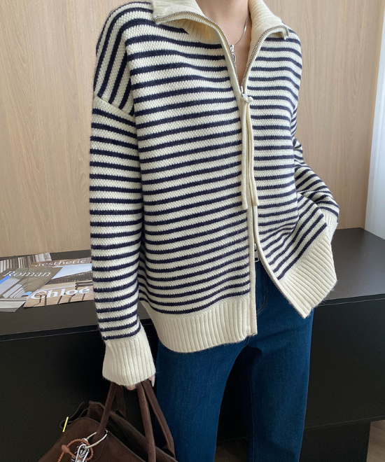 ダブルジッパーボーダーニットカーディガン