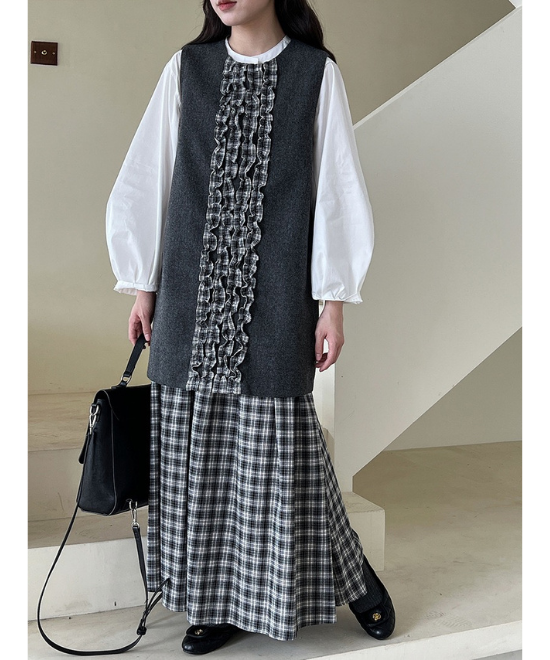 チェック柄フリルベストワンピース