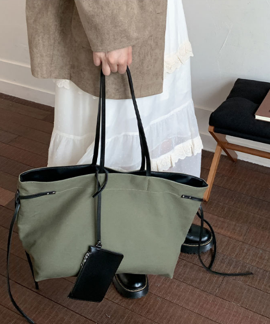 大容量レザーリボンコントラストキャンバストートバッグ