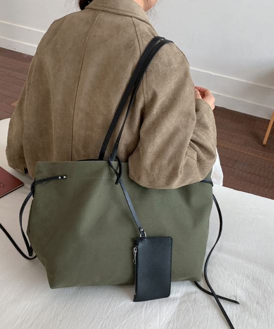 大容量レザーリボンコントラストキャンバストートバッグ