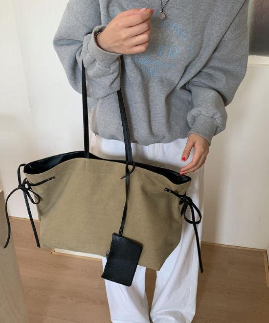 大容量レザーリボンコントラストキャンバストートバッグ