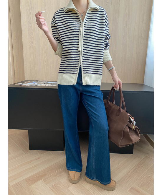 ダブルジッパーボーダーニットカーディガン